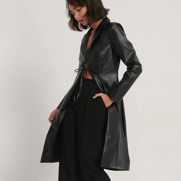 NA-KD Tops - NA-KD Faux Leather PU Back Tie Detail Long Shirt Black {YY47}